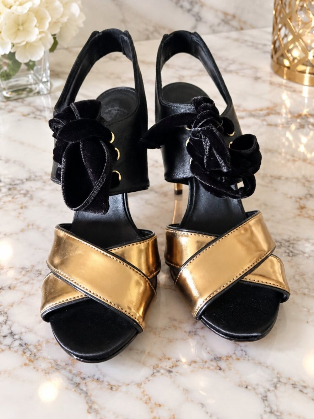 Tory Burch Bronze, Black velvet Heels size 6 New